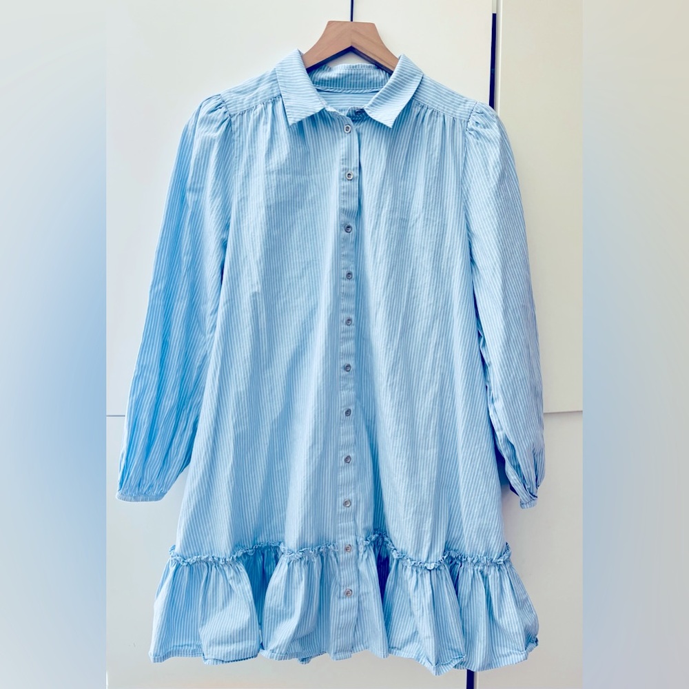 A loves A woman blue stripe long balloon sleeve Shirt Dress ruffle M